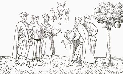Friar Odoric av Pordenone som håller en gren från ett träd som fåglar växer på, visas i tur och ordning av den lokala kungen, Tartarys lammträd, som visar ett lamm som växer fram, illustration från The Strand Magaz av English School