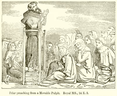 Broder predikar från en rörlig predikstol. Royal MS., 14 E. 3 av English School
