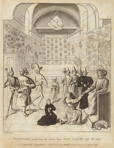 Froissart presenterar sina brev från Guy Court de Blois till Gaston Phoebus greve de Foix i hans palats i Orthez av English School