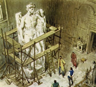 Från ett enormt marmorblock skapade Michaelangelo David (färglitografi) av English School