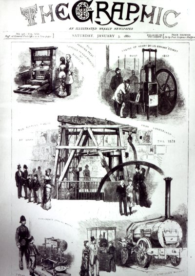 Framsidan av The Graphic som visar viktiga uppfinningar, 3 januari 1880 av English School
