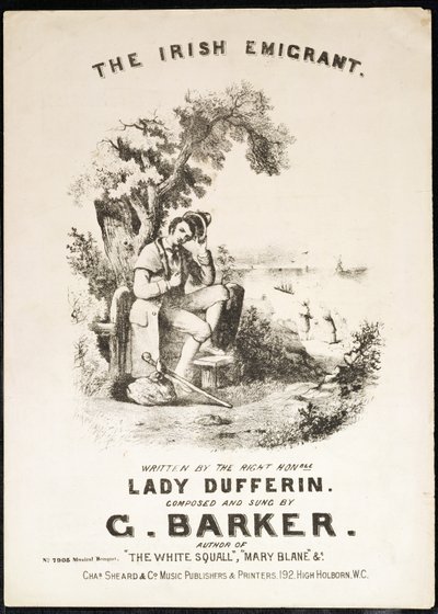 Främre omslag av musikpartitur till The Irish Immigrant, skriven av Lady Dufferin, komponerad av G. Barker av English School