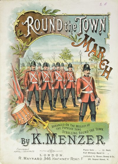 Framsidan av noten till Round the Town March, av K. Menzer av English School