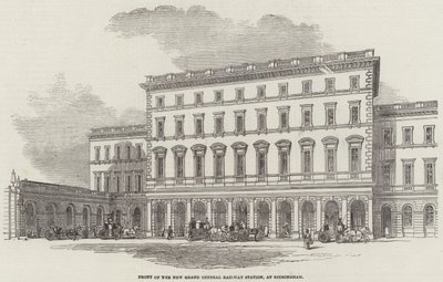 Framsidan av New Grand Central Railway Station, i Birmingham (gravyr) av English School