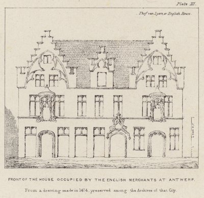 Framsidan av huset ockuperat av de engelska köpmännen i Antwerpen av English School