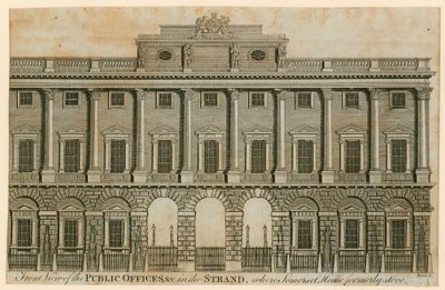 Framifrån av de offentliga kontoret i Stranden där Somerset House tidigare låg av English School