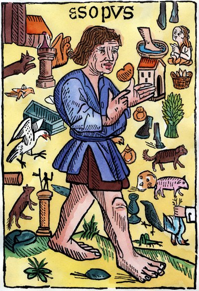 Frontispice av ""Fables"" av Aesop, upplagor tryckta i England av William Caxton (1422? - 1491). av English School