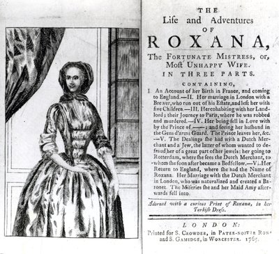 Frontispice och titelsida för The Life and Adventures of Roxana av Daniel Defoe, publicerad 1765 av English School