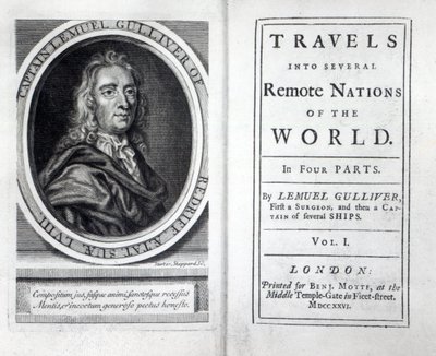 Frontispice och titelsida till Gullivers resor av Jonathan Swift, 1726 av English School