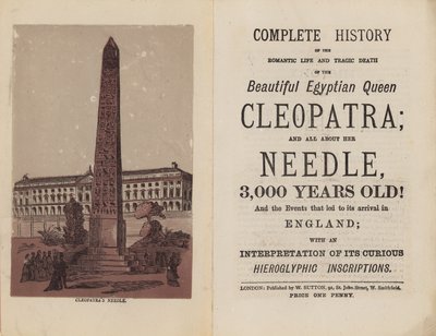 Frontispice och titelsida för den fullständiga historien om den vackra egyptiska drottningen Cleopatras romantiska liv och tragiska död av English School