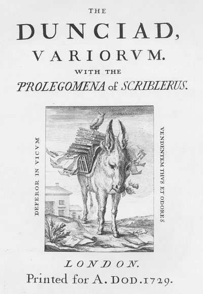 Frontispice och titelsida till The Dunciad Variorum av Alexander Pope, 1729 av English School
