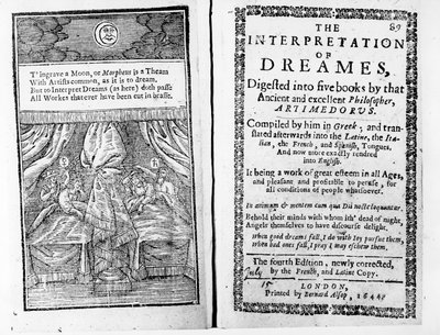 Frontispice och titelsida till The Interpretation of Dreams av Artemidorus, engelsk upplaga publicerad 1644 av English School