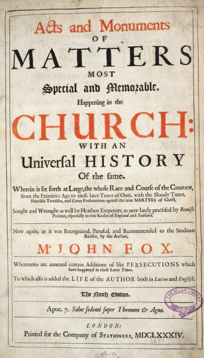Frontispice, från Acts and Monuments av John Foxe, nionde upplagan, pub. 1684 av English School
