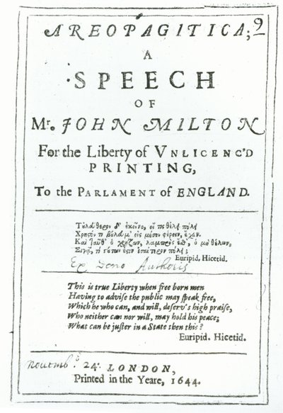 Frontispice av Areopagitica, ett tal av John Milton (1608-74) pub. år 1644 av English School