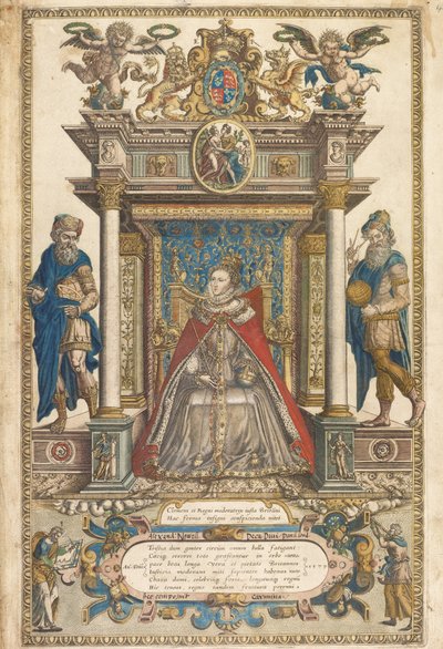 Frontispice av Atlas of the Countries of England and Wales av Christopher Saxon, London 1579 (handkolorerad gravyr) av English School
