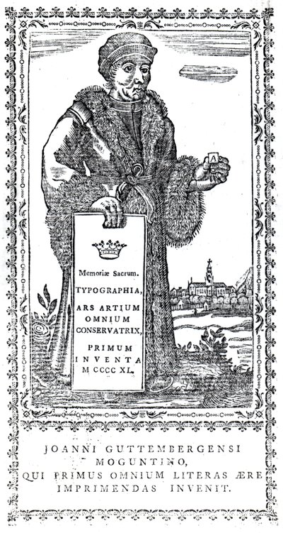 Frontispice av Johannes Gutenberg från A Concise History of the Origin and Progress of Printing av Philip Luckombe, publicerad 1770 av English School