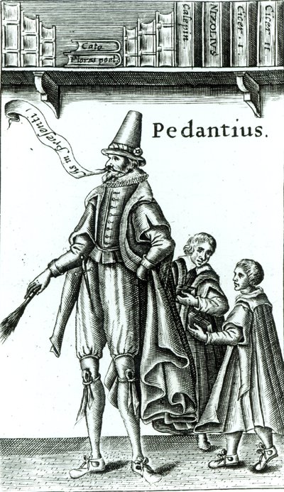 Frontispice av "Pedantius", komedi av Edward Forsett producerad i Cambridge 1581 (träsnitt) av English School