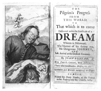 Frontispice of the Pilgrims Progress av John Bunyan (1628-88) pub. år 1680 av English School