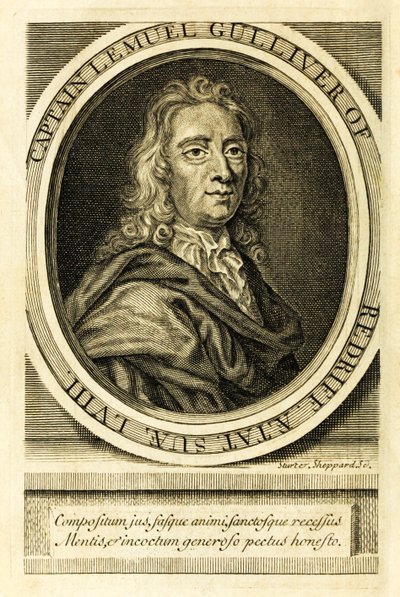 Frontispice-porträtt av kapten Lemuel Gulliver från "Resor in i flera avlägsna nationer i världen" bättre känt som "Gullivers resor" av Jonathan Swift av English School