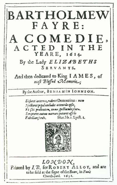 Frontispice till Bartholomew Fayre: En komedi av Benjamin Jonson (15723-1637) 1631 av English School