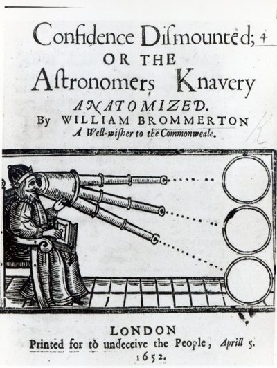 Frontispice till Confidence demonterad; eller Astronomers Knavery Anatomized av William Brommerton, publicerad 1652 av English School