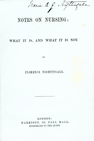 Frontispice till Florence Nightingales Anteckningar om omvårdnad: vad det är och vad det inte är, publicerat 1860 av English School