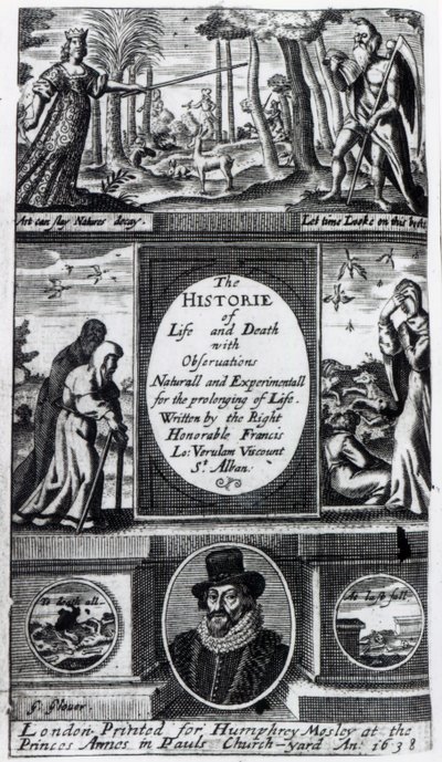 Frontispice till Francis Bacons The History of Life and Death, publicerad 1638 av English School