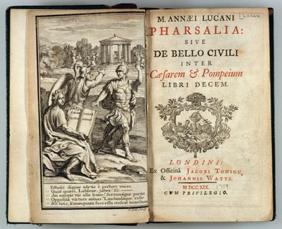 Frontispice till Pharsalia eller inbördeskriget mellan Caesar och Pompejus av Marcus Annaeus Lucan (AD 39-65) graverad av J. Cole, 1719 av English School