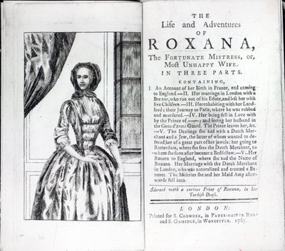 Frontispice till Roxana, The Fortunate Mistress av Daniel Defoe, upplaga publicerad 1765 (tryck) av English School