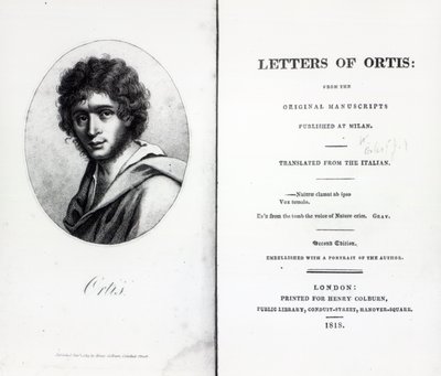 Frontispice till The Letters of Ortis av Niccolo Ugo Foscolo, upplaga publicerad 1818 av English School