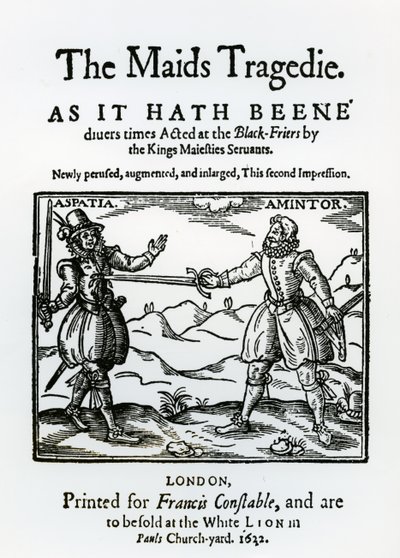 Frontispice till The Maid Tragedy av Sir Francis Beaumont (1584-1616) och John Fletcher (1579-1625) 1622 av English School