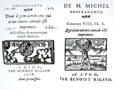 Frontispice till The Prophecies of M. Michel Nostradamus, pub. av Benoist Rigaud, 1568 av English School