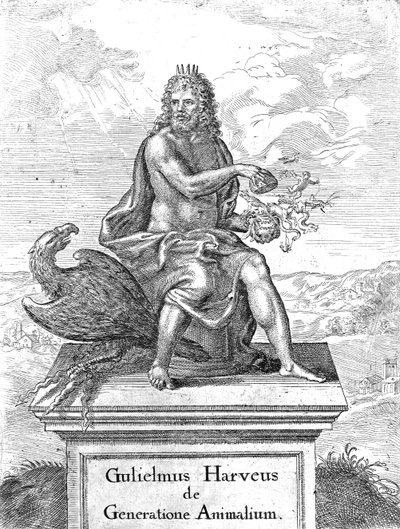 Frontispice till William Harveys The Generation of Animals publicerad 1651 av English School