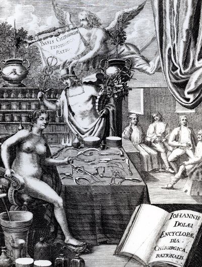 Frontispice till en Encyclopaedia of Surgical Thought av John Dolaeus av English School