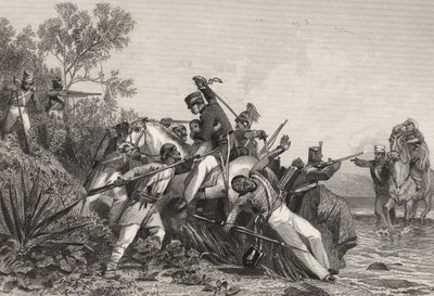 Flyende brittiska officerare och deras familjer attackeras av myterister, från "The History of the Indian Mutiny", publicerad 1858 (gravyr) av English School