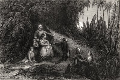 Flyktande officerare med sina familjer gömmer sig i lila, från "The History of the Indian Mytery" publicerad 1858 av English School