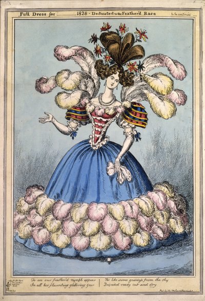 Helklänning för ?1828. Tillägnad Featherd Race, pub. London, 1828 (handfärgad gravyr) av English School