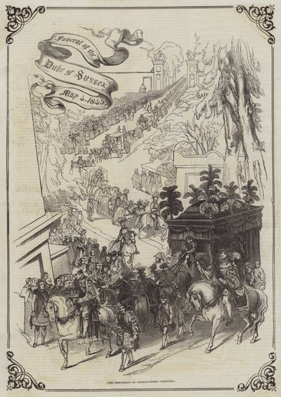 Begravning av hertigen av Sussex, 4 maj 1843, processionen på Kensal-Green Cemetery (gravyr) av English School