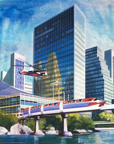 Futuristisk monorail och helikopter av English School