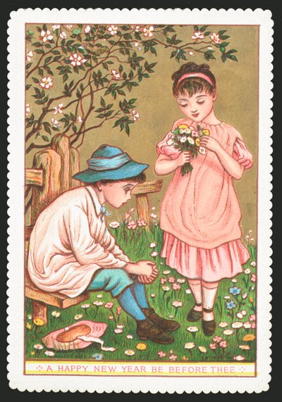Flicka med blommor som pratar med pojken som sitter ner, nyårskort av English School