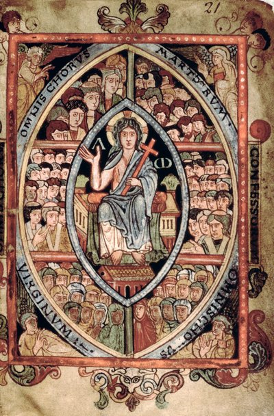 Galba A XVIII f.21r, Kristus i majestät, från Athelstan Psalter, Old Minster, Winchester, 925-50 (vellum) av English School