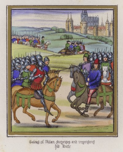Galeas of Milan överraskar och fängslar sin farbror (färgad gravyr) av English School