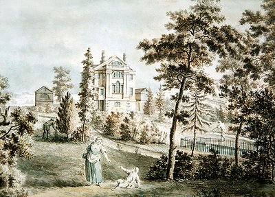 Trädgårdspaviljong i en park, ca 1725 (akvarell på papper) av English School