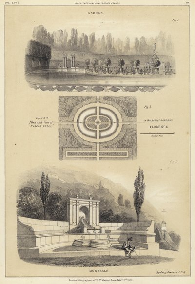 Trädgårdar: Isola Bella i Boboli Gardens, Florens och Monreale, Italien (litho) av English School