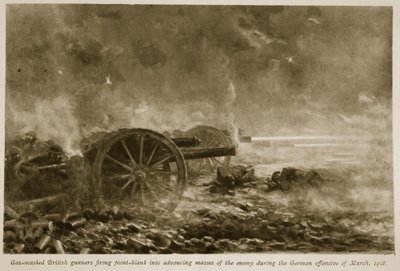 Gasmaskerade brittiska skyttar som sköt rakt in i framryckande fiendens massor under den tyska offensiven i mars 1918, 1918-19 av English School