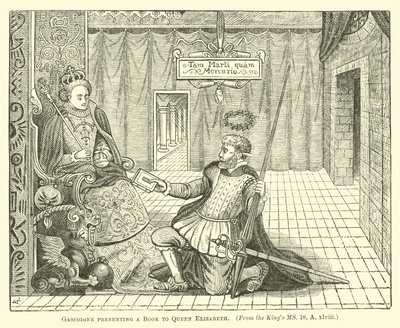 Gascoigne presenterar en bok för drottning Elizabeth av English School