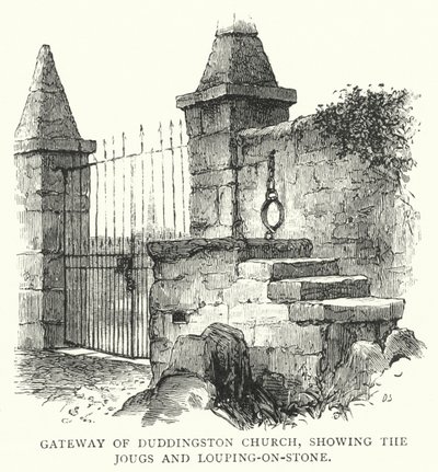 Porten till Duddingston Church, som visar Jougs och Louping-on-Stone (gravyr) av English School