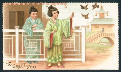 Geisha flickor matar fåglar, julkort av English School