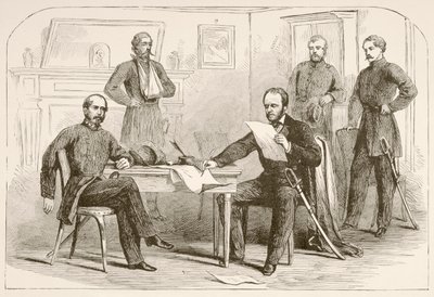 General Joseph Eggleston Johnston överlämnar armén till Tennessee till general William Tecumseh Sherman (lito) av English School
