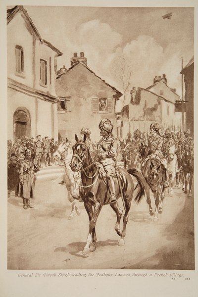General Sir Pertab Singh ledde Jodhpur Lancers genom en fransk by, 1914-19 av English School